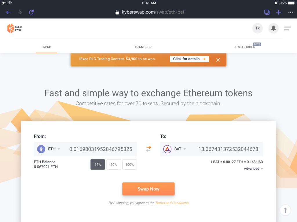 Selecting to swap ETH to BAT