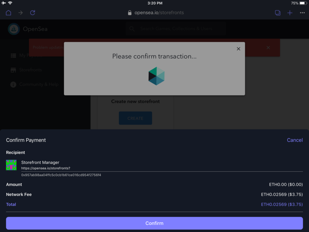 confirm transaction to create storefront