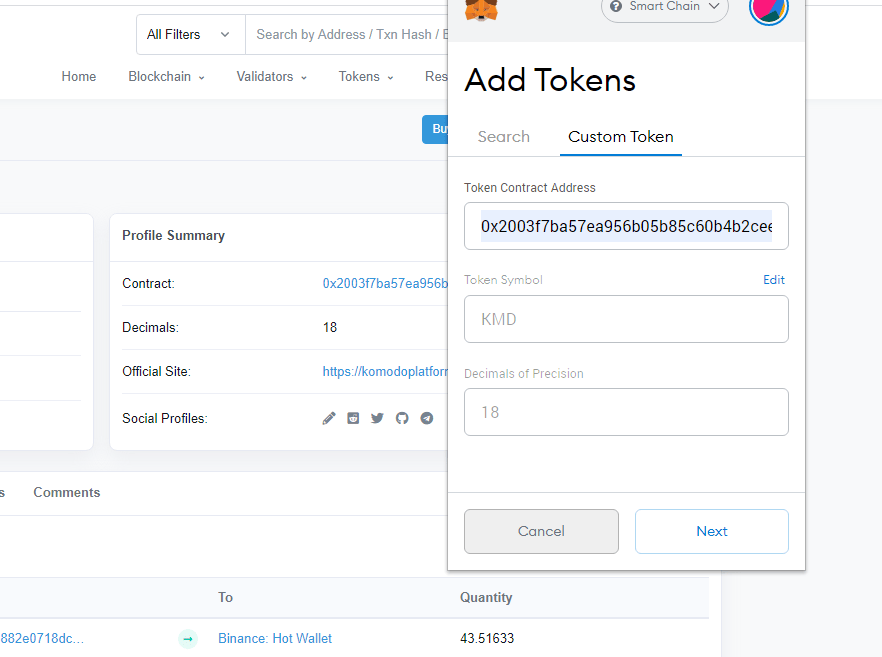 add smart chain tokens in metmask
