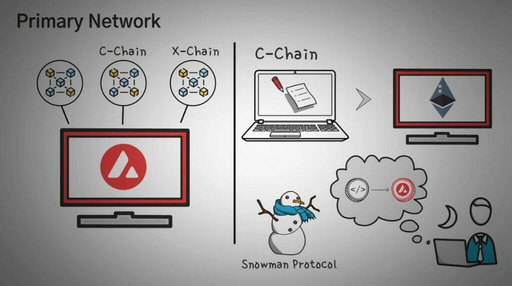 AVAX c-Chain for EVM smart contracts & co-ordination with snowman protocol
