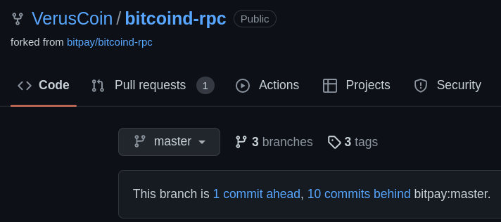 Verus enhanced bitcoind showing 1 commit ahead of upstream.